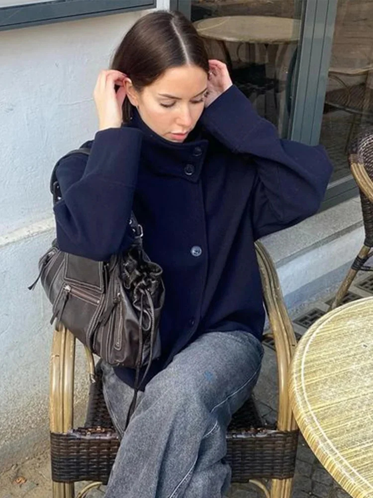 Chaqueta corta con cuello levantado para mujer, abrigo de manga larga con una botonadura, ropa de abrigo elegante de calle corta para otoño 2025