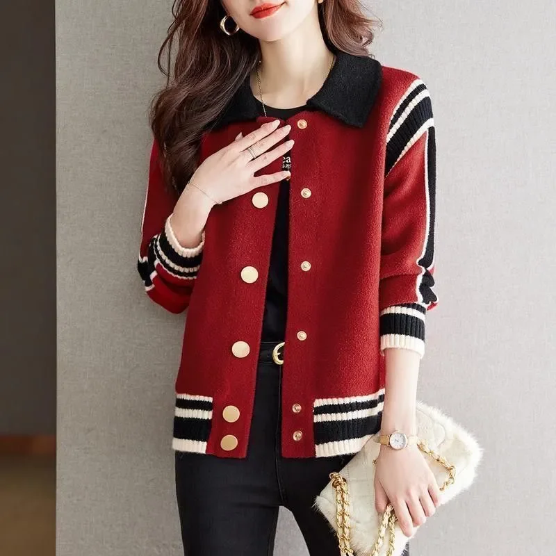 Lapel Contrast Color Long Sleeve Button Thread Women's Autumn and Winter Jacket Fashion Casual Top
