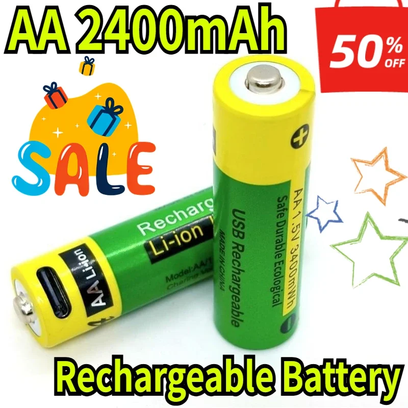 SWZY AA Rechargeable Battery Large Capacity 1.5V 2400mAh Battery USB-C Fast Charge 1200 Cycle for Toy Camera Clock Remote Contro