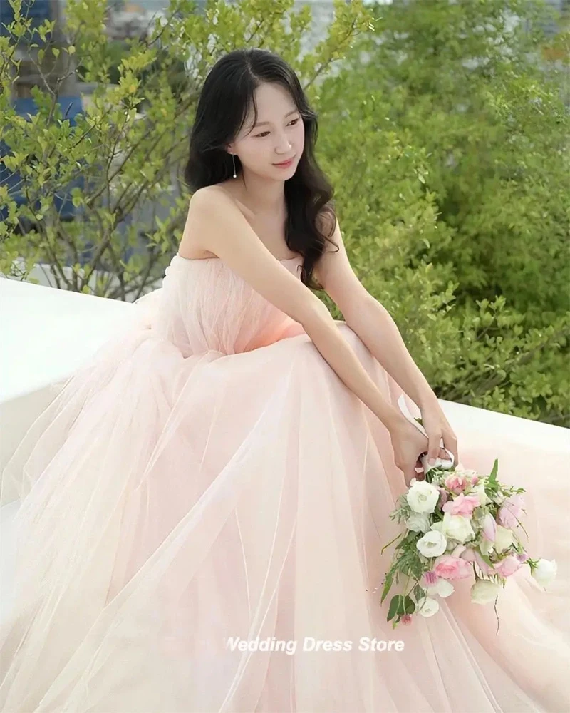 OLOEY Fairy Blush Pink Tulle gaun malam Korea pemotretan pernikahan korset tanpa tali bahu punggung gaun pengantin korset pesta Prom