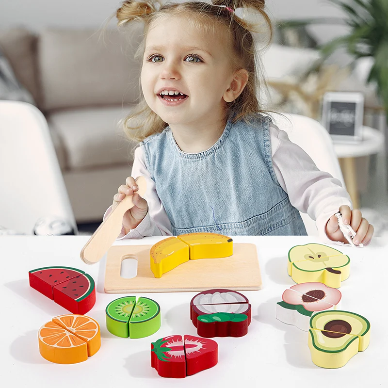 Bebê de madeira montessori fingir jogar brinquedos de cozinha frutas e vegetais corte de alimentos jogar casa interativa crianças educacional