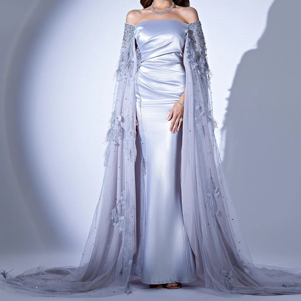 

Luxury Satin Mermaid Off the Shoulder Feathers and Crystal Evening Dress Boat Neck Sleeveless Floor Length Watteau Train