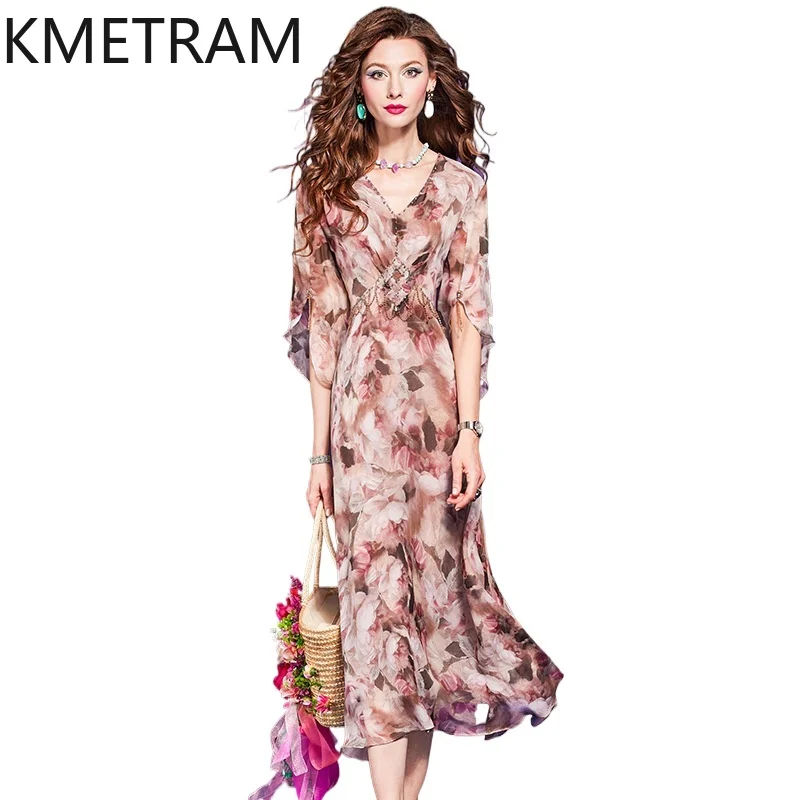 

Шелковое макси-платье KMETRAM из 100% тутового шелка, женское, с V-образным вырезом, с цветочным принтом, элегантное летнее длинное платье для отпуска, женская одежда 2026