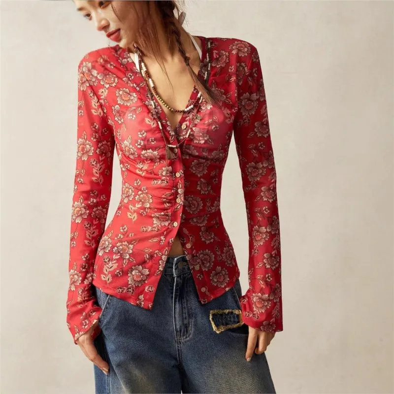 

Women Spring Summer Y2K Slim Fit Aesthetic Floral Print Tops Long Sleeve Button Up Ruched Lapel V Neck Mesh T-Shirt