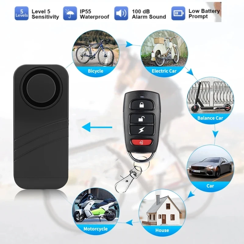 Anti-Theft Bicycle Alarm100dB IP55 Waterproof Vibration Motorcycle Anti Lost Detector Remote Control Bike Security Sensor System