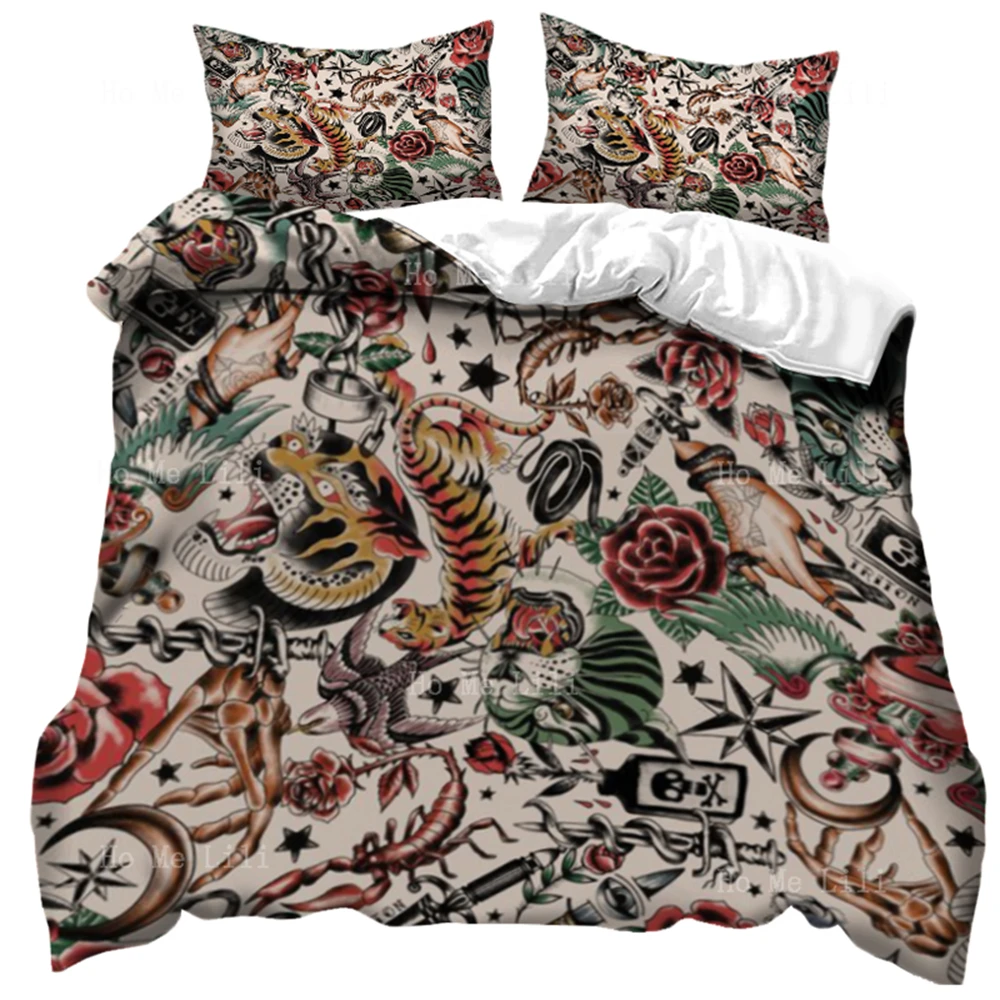 Retro Colored Tattoo Flower Arms Sexy Girl Forest Patchwork Pattern Duvet Three Piece Bedding Set