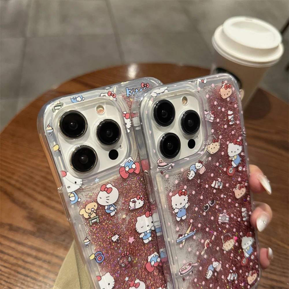 مرحبا كيتي KT بريق قضية الهاتف آيفون 16 15 14 13 12 11 برو ماكس السائل الرمال المتحركة بلينغ غطاء من البولي يوريثان لينة قذيفة