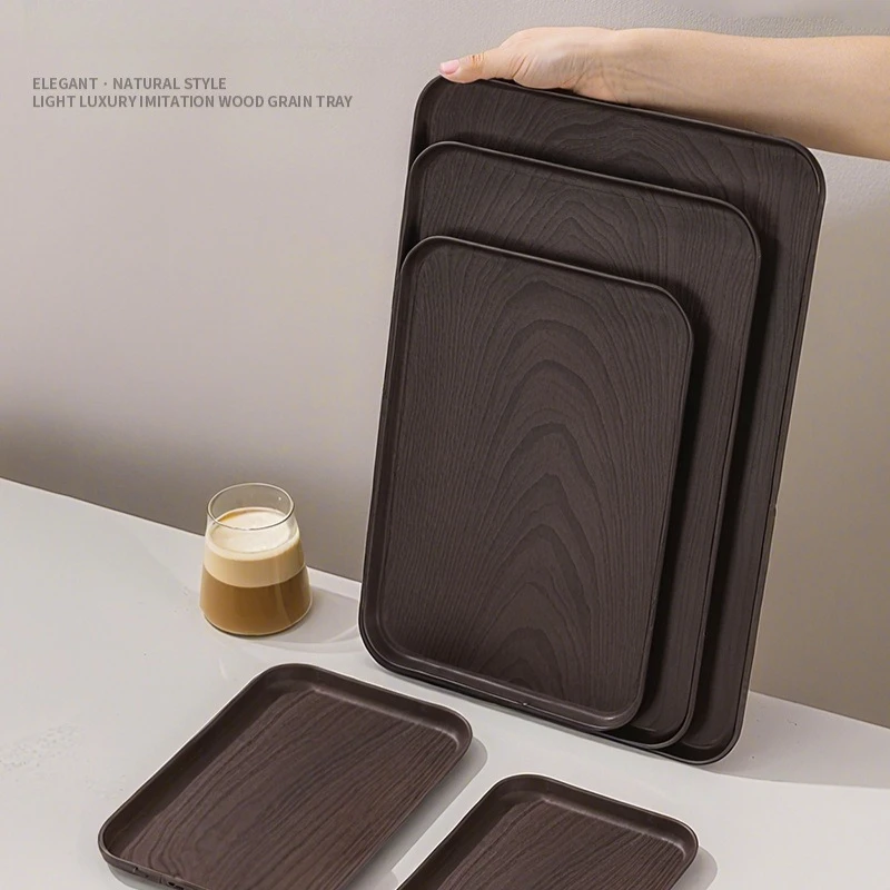 Wood grain dinnerware set | Stackable rectangular plastic dinner plates | Rural style kitchen storage items for families