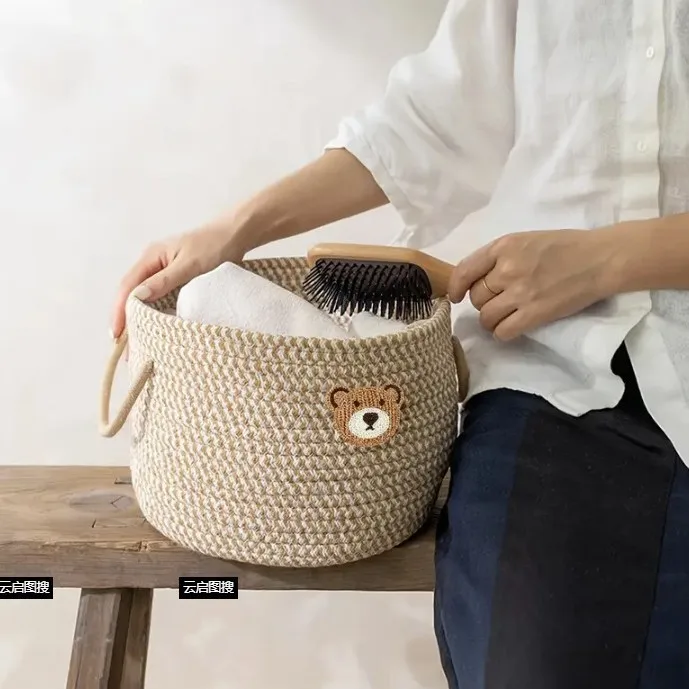 Small Woven Storage Basket Cute Embroidered Bear Label Desktop storage basket for Toys, cosmetics, snacks