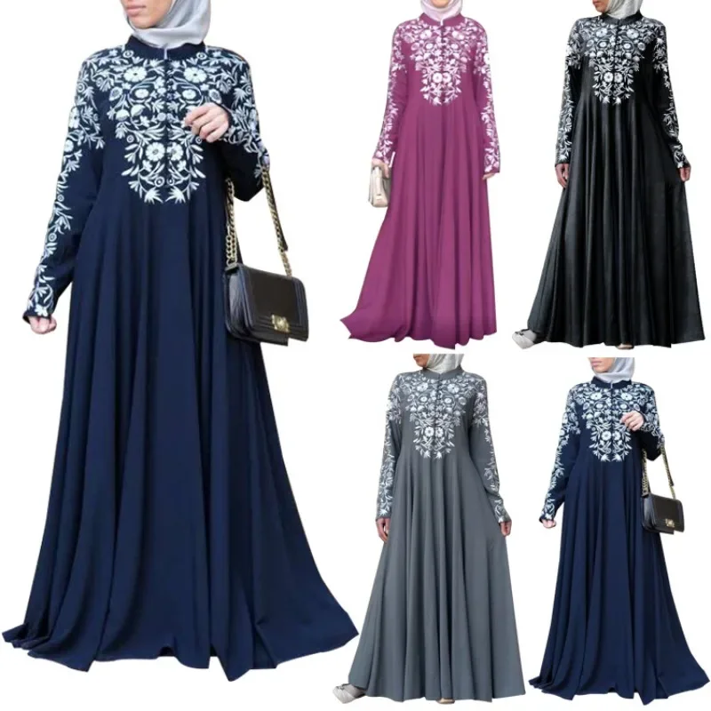 

New Muslim Women's Wear Long Sleeve Stand Collar Flower Floral Print Swing Dress Ethnic Style robe jalabiya for women