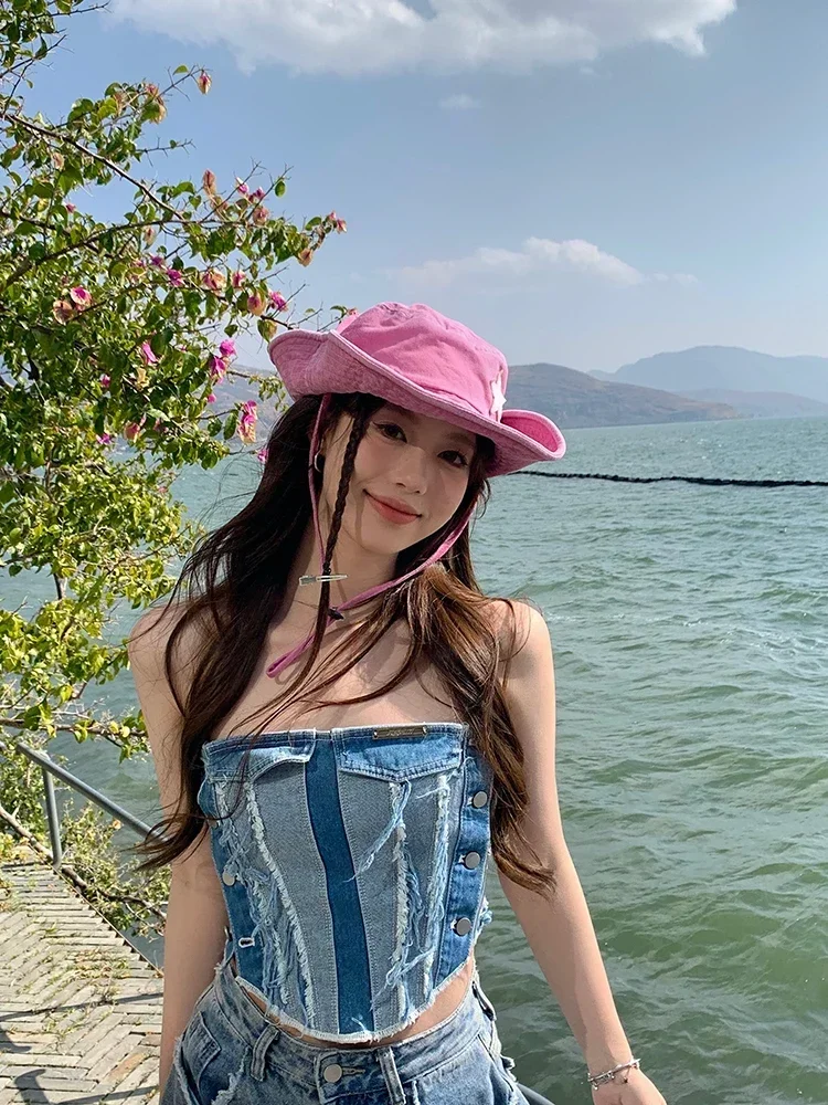 Star Vintage Cowboy Summer Outdoor Pink Women Girls Fashion Designer Bucket Street Outdoor Cap