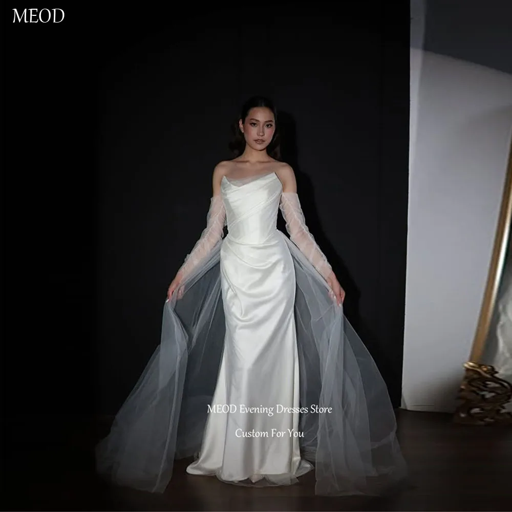 MEOD Graceful White Strapless Mermiad Wedding Dresses Sleeveless Satin Vestidos Mujer Detachable Train Wedding Gown Customized