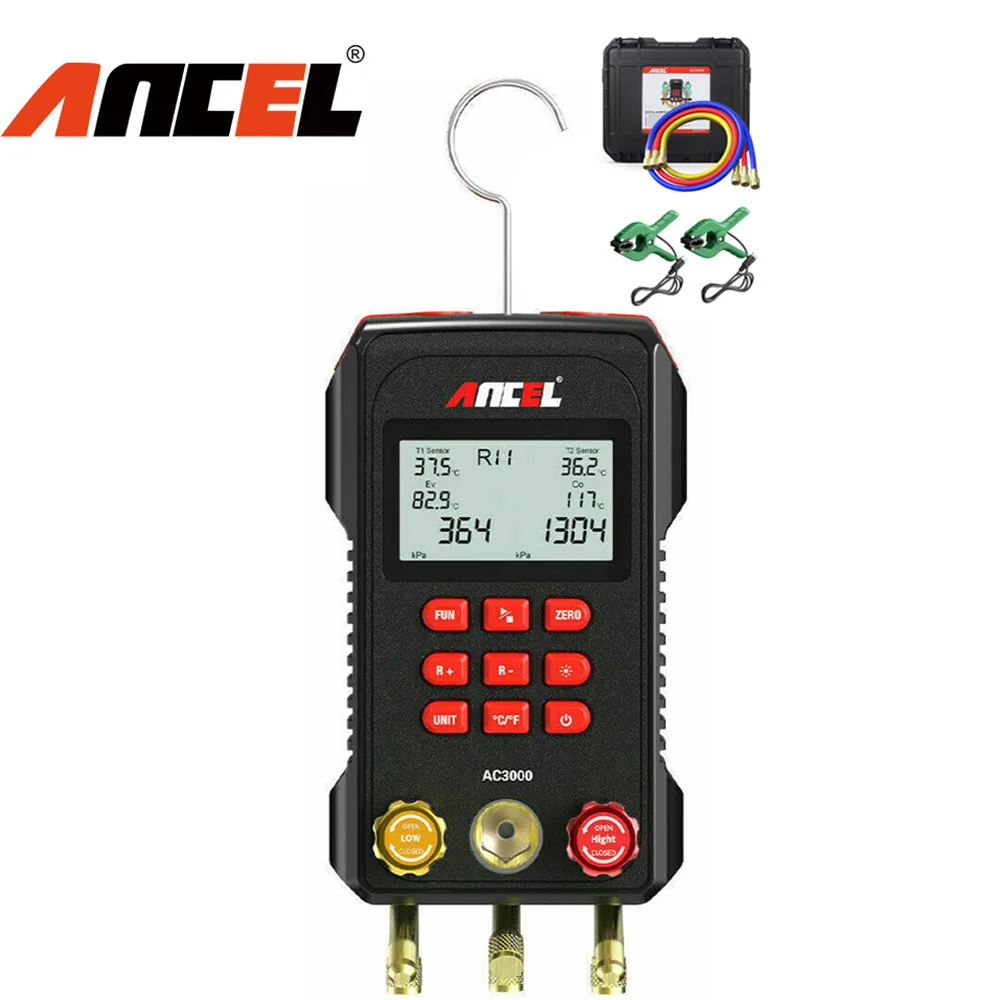 Ancel AC3000 Air Conditioning Manifold Digital Vacuum Gauge for Refrigeration HVAC Vacuum Pressure Temperature Tester Tool