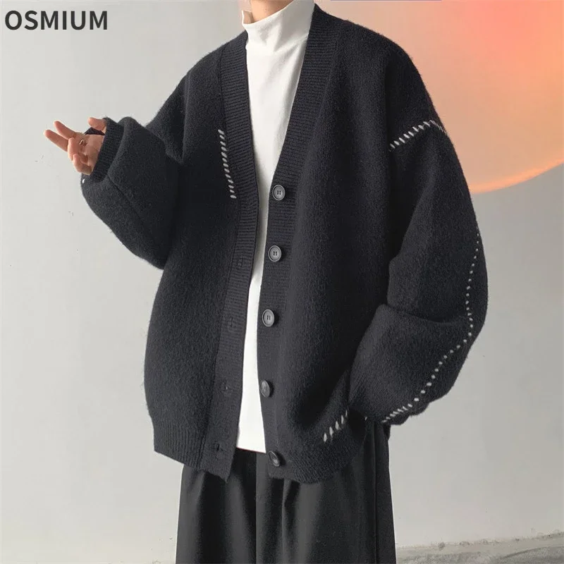 

Men Korean Style Cardigan Loose V-neck Button Long Sleeve Black White Sweaters Plus Size Casual Striped Knitted Knit Top Boy 3XL