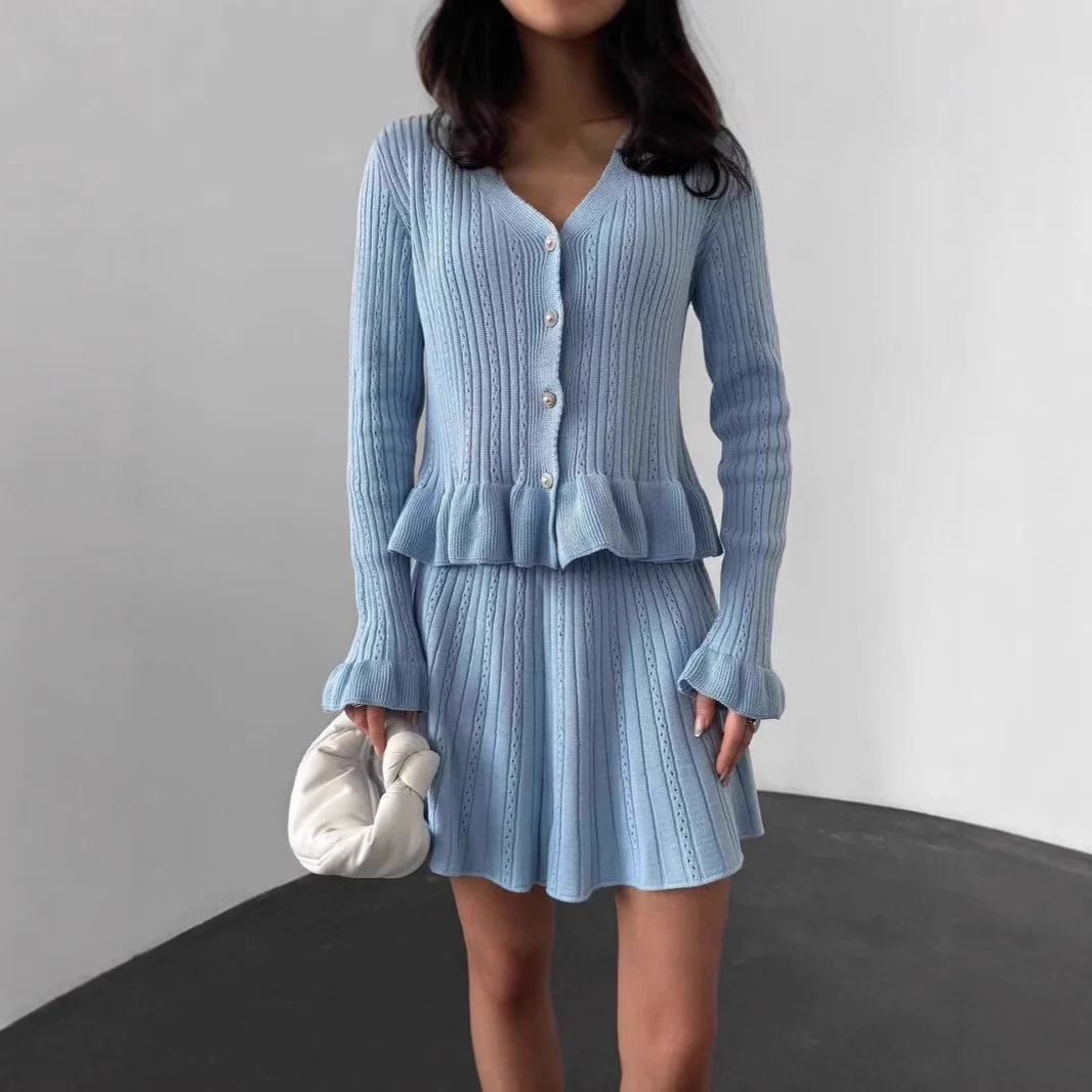 

Весна и осень 202, маленький ароматный стиль, женский комплект из двух предметов с v-образным вырезом и длинными рукавами, с краем листьев лотоса на талии