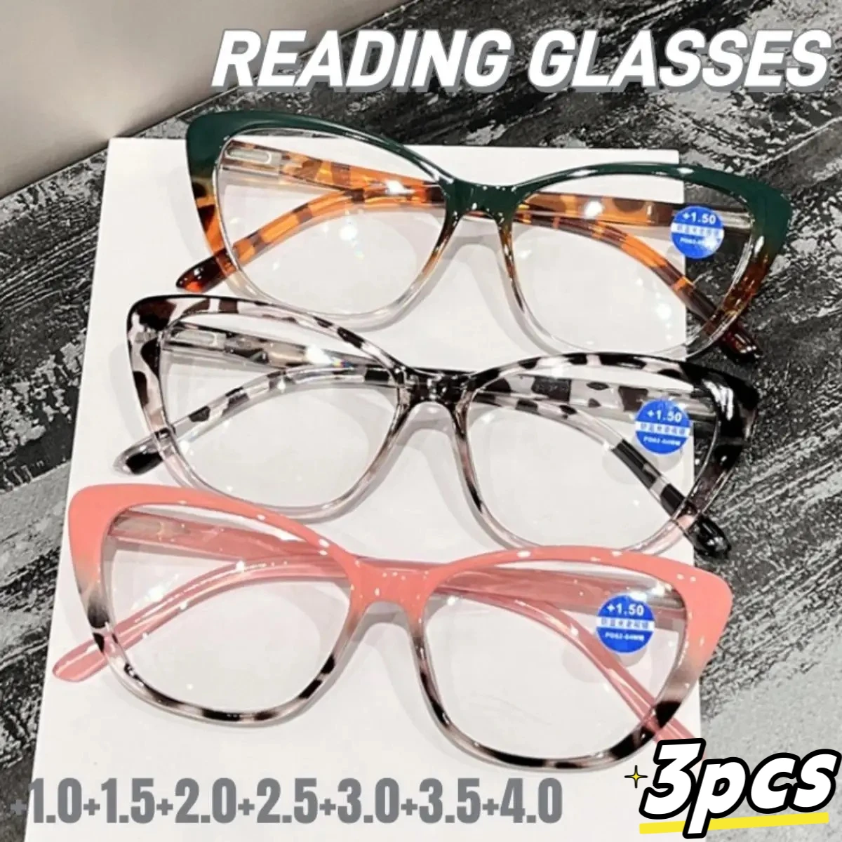 3 Stück Vintage Cat-Eye-Lesebrillen für Damen und Herren, Anti-Strahlungs-Brillen, Anti-Ermüdungs-Brillen mit Grad +100 ° ~+400 °   HD-Objektiv