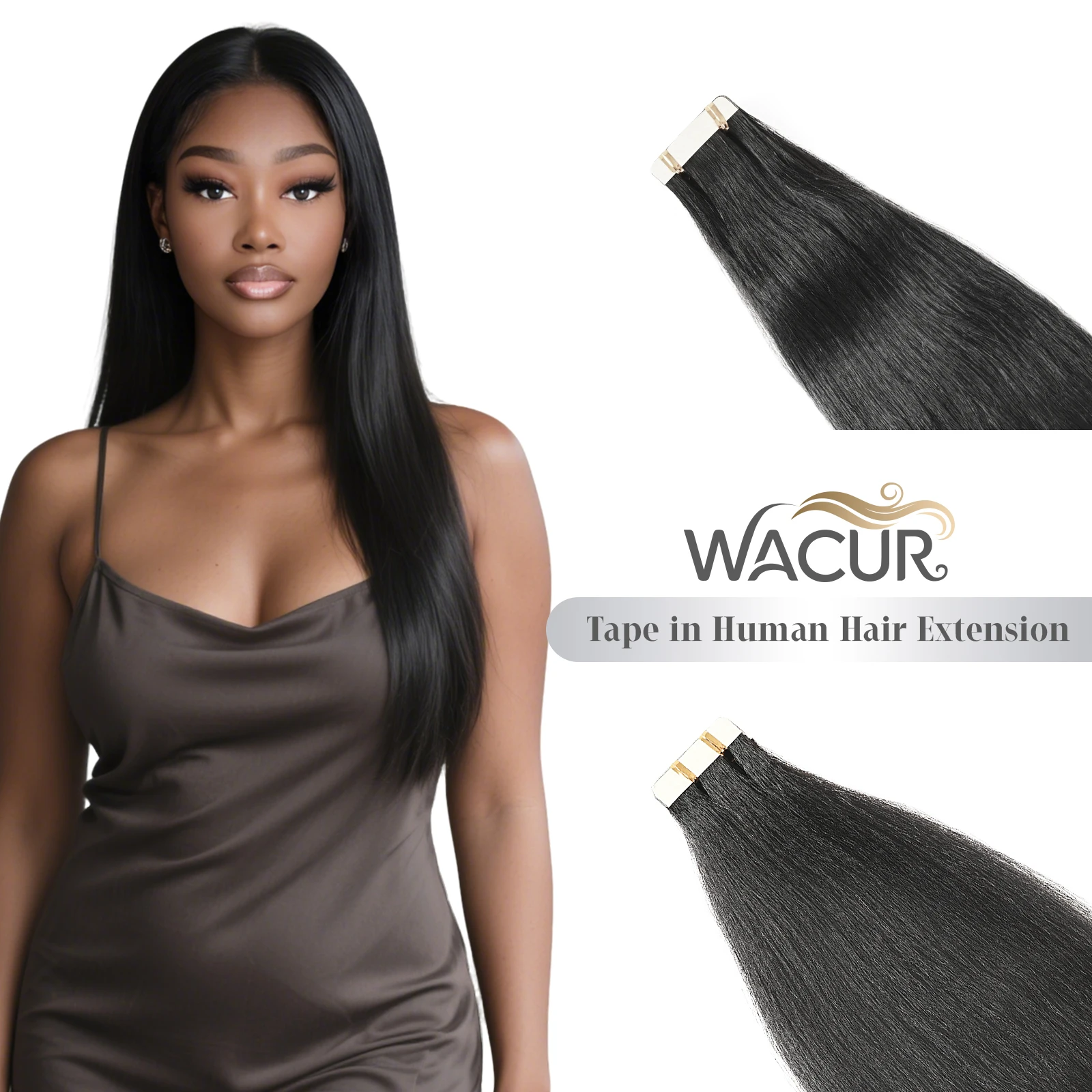 

Wacur Straight tape In Hair Extension Yaki Straight Tape Extensions 50g/pack 20pcs Natural Virgin Remy Hair,Natural Invisibility