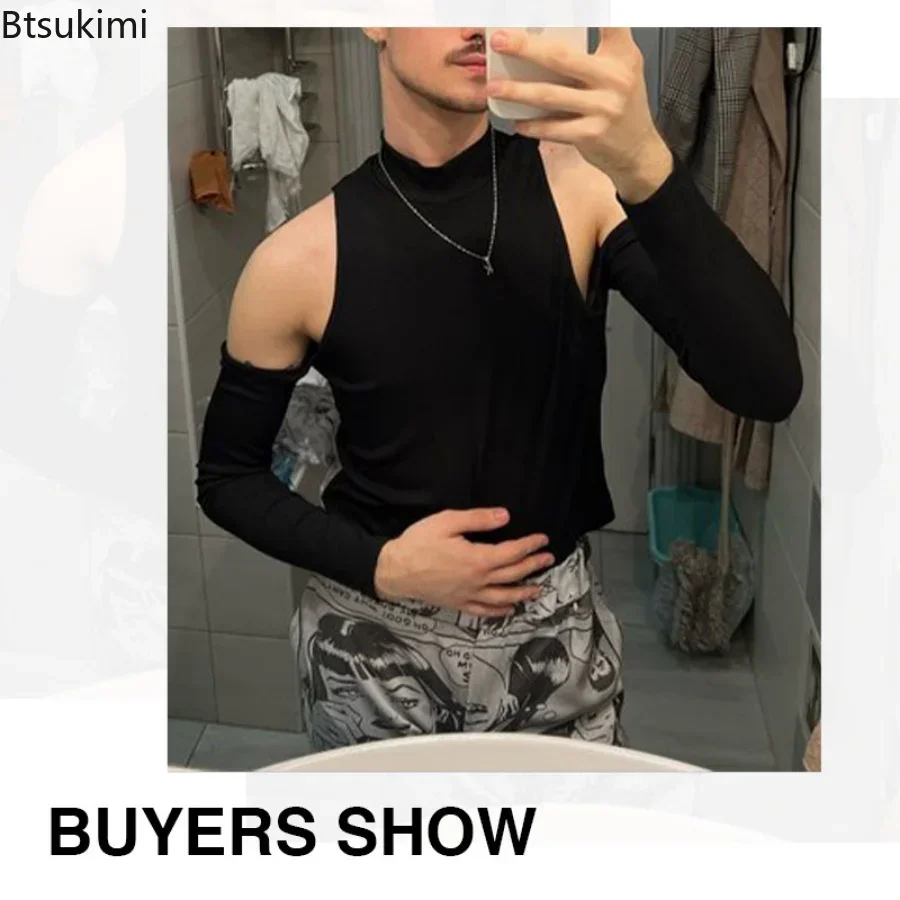 2024 Men\'s Fashion T Shirt Solid Turtleneck Long Sleeve Off Shoulder Casual Camisetas Hollow Out Streetwear Sexy Crop Tops Male