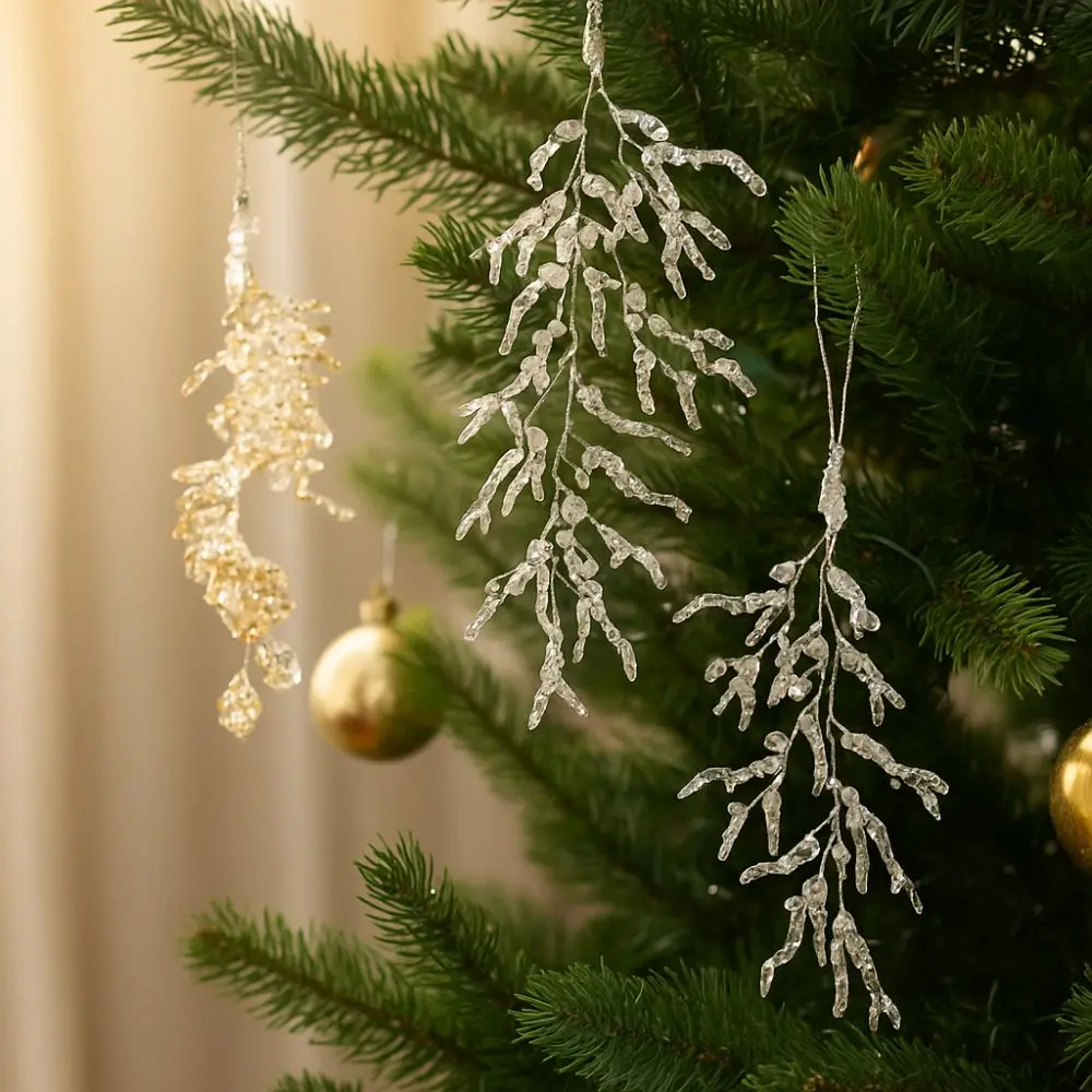 

Acrylic Christmas Icicle Pendant Realistic Artificial Leaves Glitter Christmas Branches DIY Craft Xmas Tree Hanging Ornament