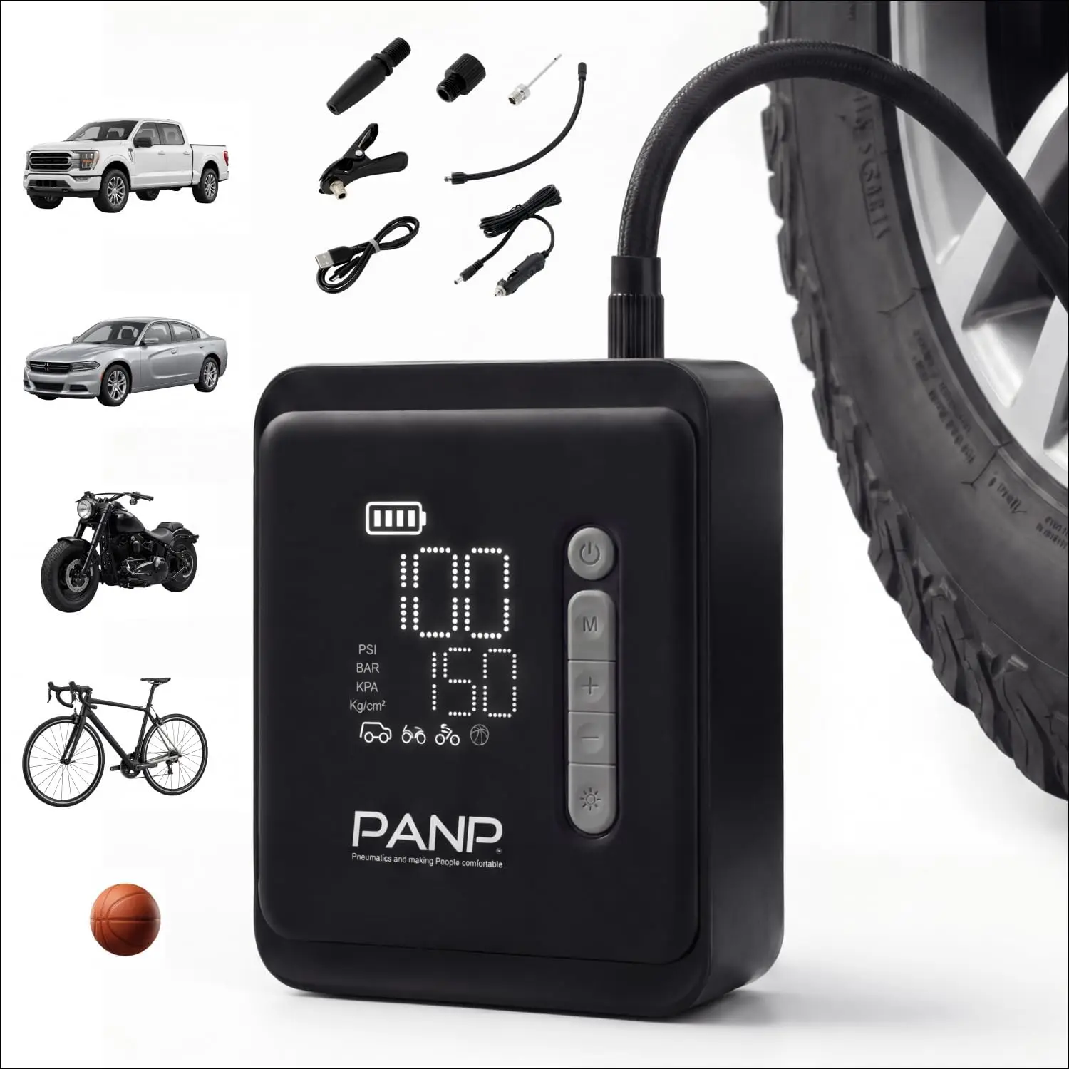 

Портативный воздушный компрессор, беспроводной насос для накачки шин 150PSI для автомобилей, внедорожников, мотоциклов - быстрая накачка, двойное питание