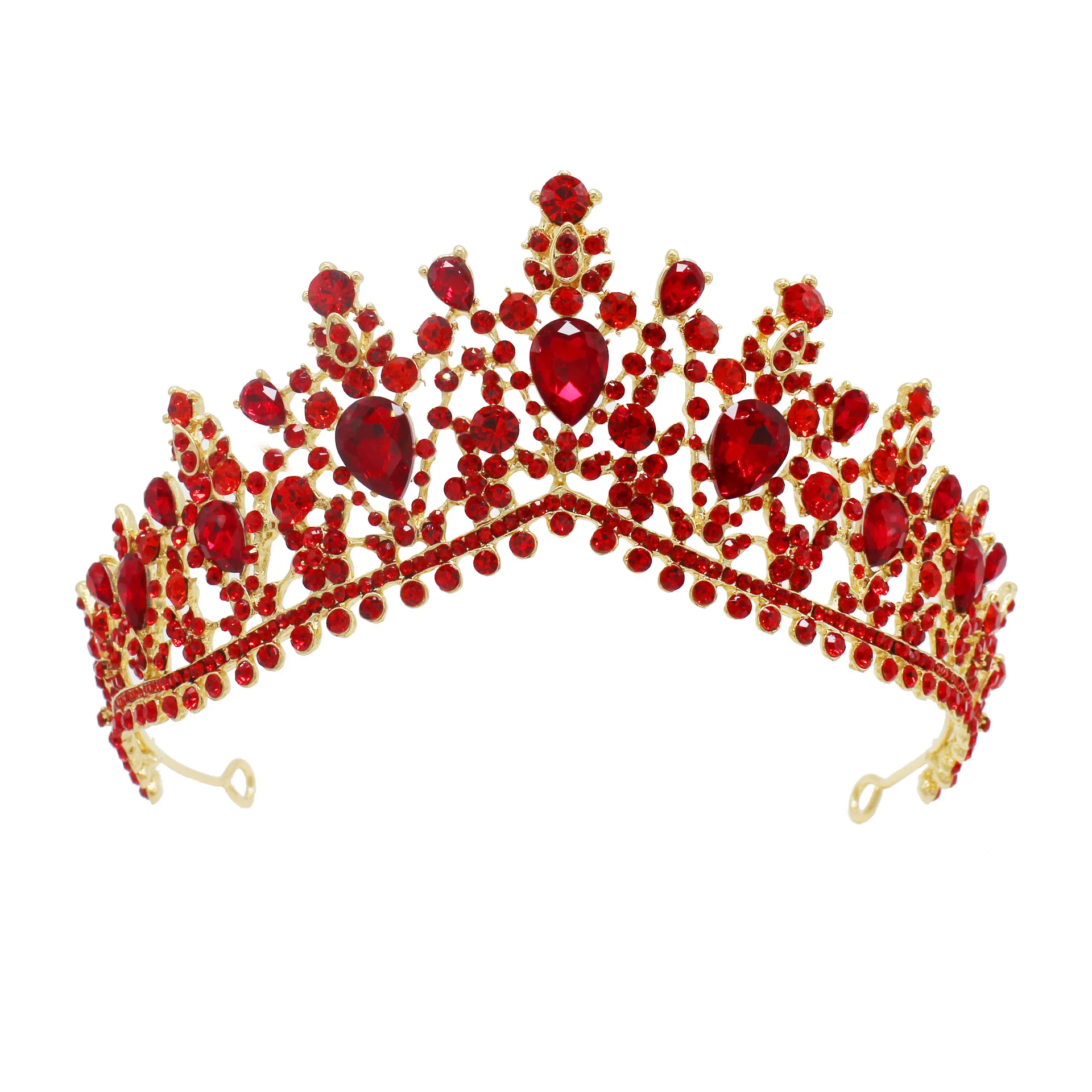 Luxury Gold Color Red Rhinestone Bridal Tiaras Crown Vintage Baroque Crystal Diadem For Bride Headbands Wedding Hair Accessories