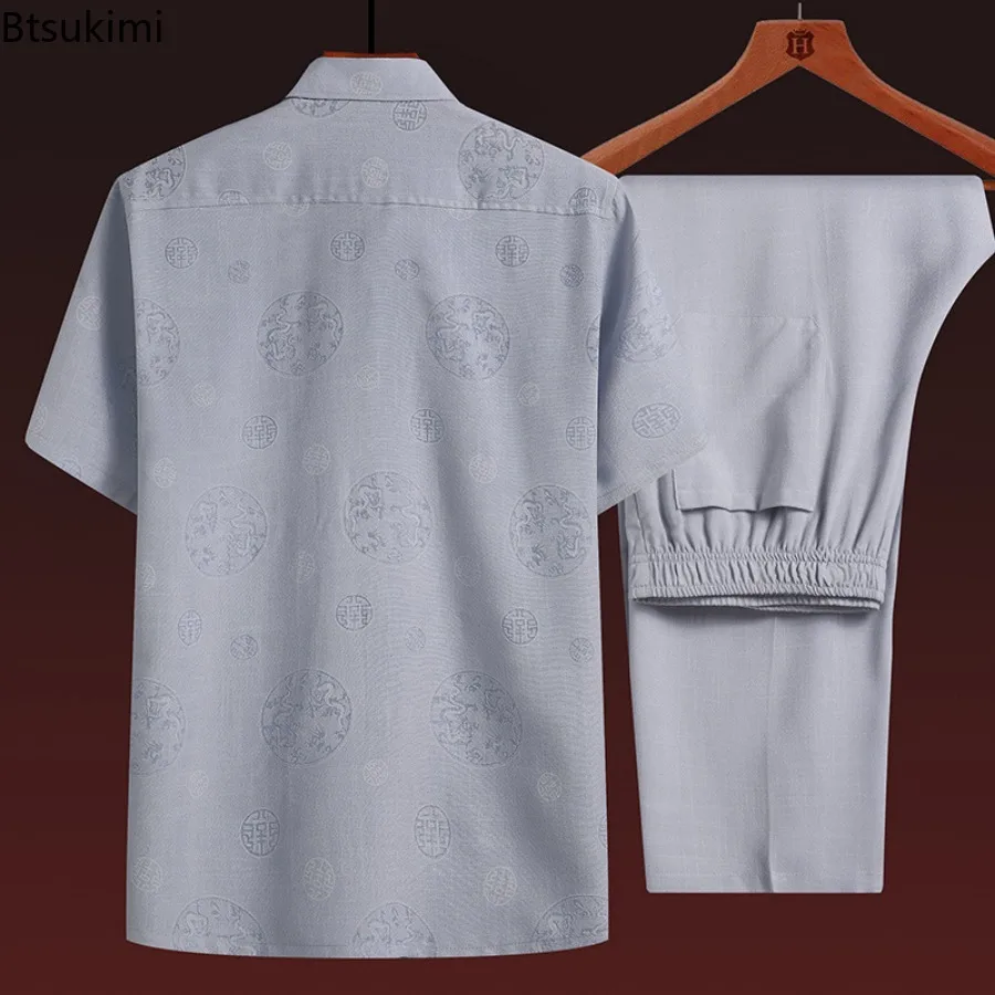 2025 Men's Summer Cotton Linen Sets Jacquard Short Sleeve Shirts and Pants 2-piece Sets Breathable Casual Chinese Tang Suit Male