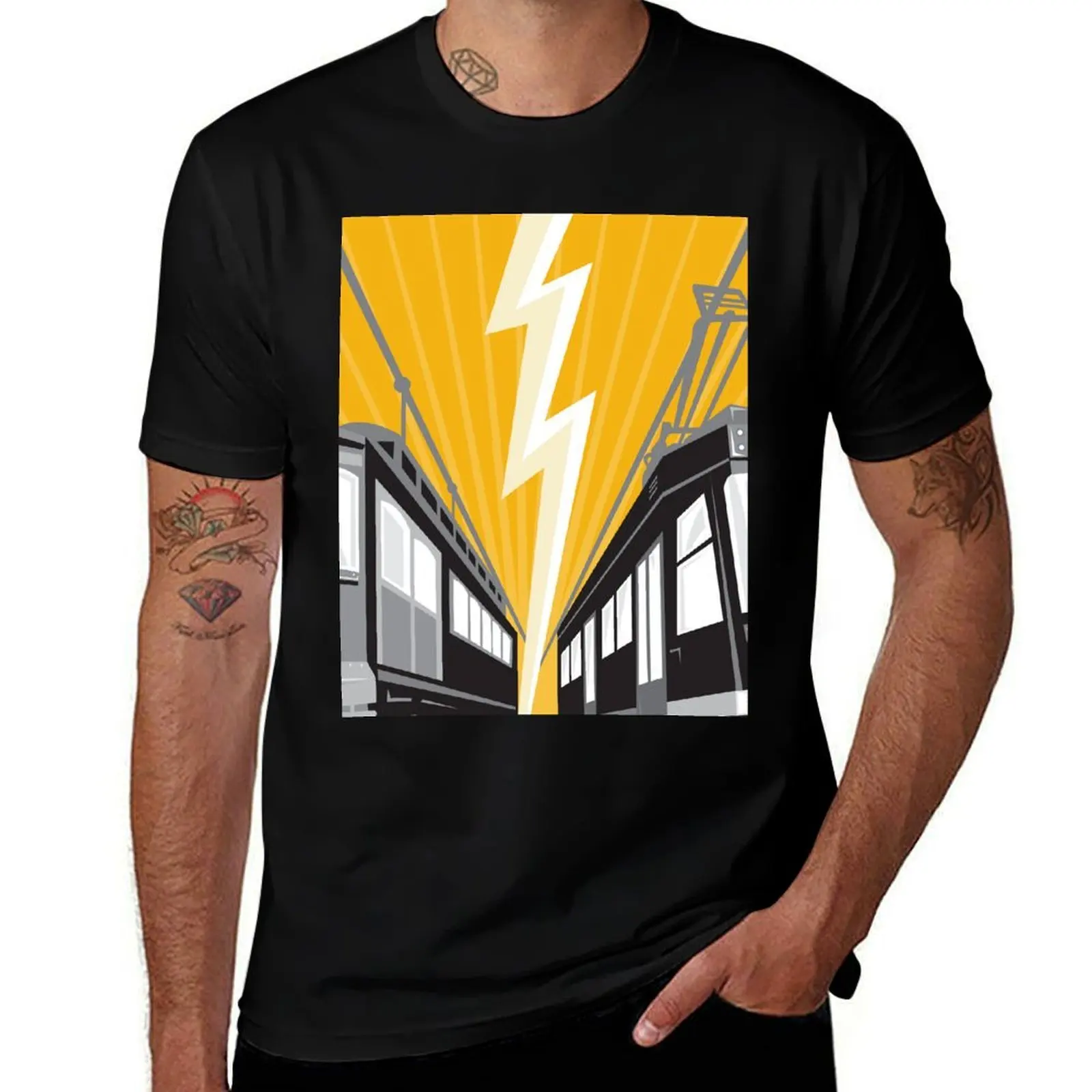 Vintage and Modern Streetcar Tram Train T-Shirt Durable Work Wear T-Shirt