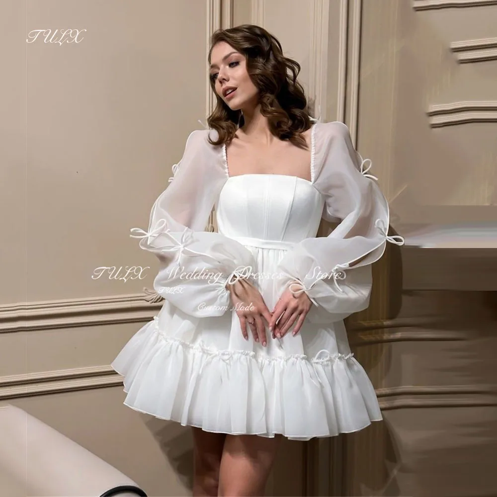 

TULX Strapless Short Wedding Dress Bow Puff Long Sleeves Bridal Gowns Organza Mini Above Knee Pleat Engagement Party Customized
