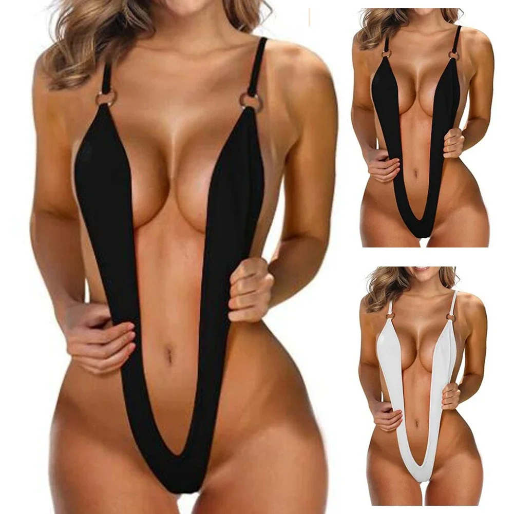 Deep V Neck Monokini-1Piece Bathing Suit Swimsuit For Women Solid Color Bodysuit Mankini-Swimwear Swimming Beach Wear