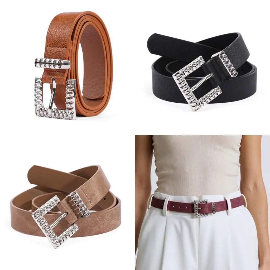 

652F Fashionable Waistband Square Metal Buckles PU Leather Waist Belt For Professional Women Dress Jeans Waist Accessories