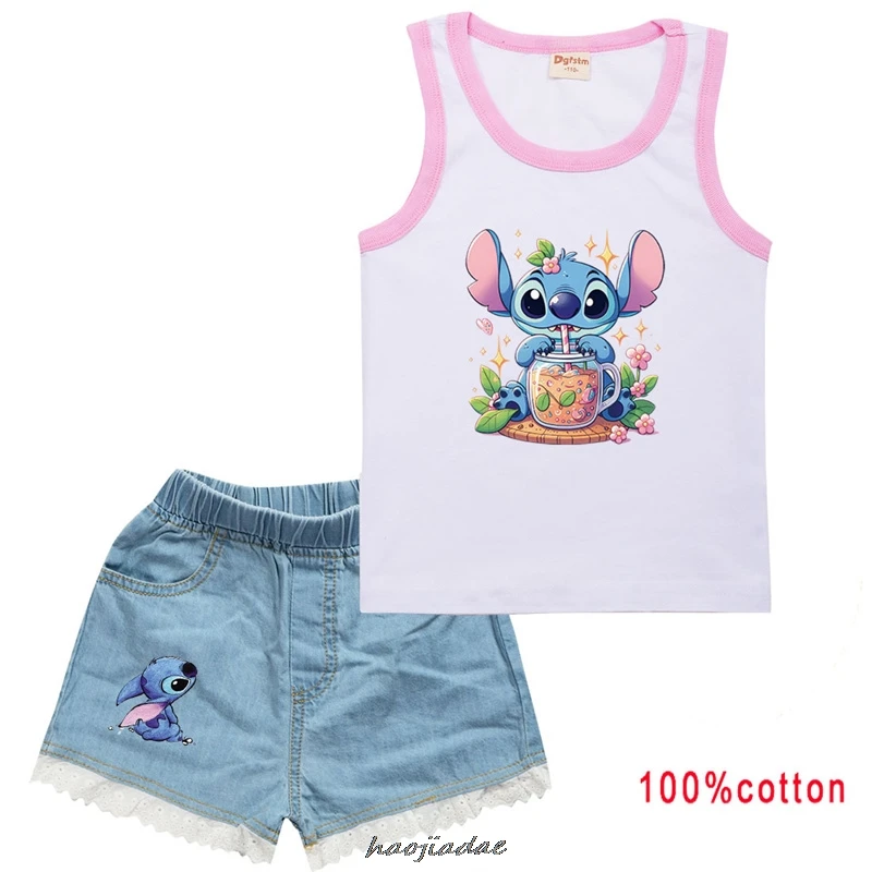 Hot Lilo And Stitch Clothes Toddler Girls Casual Outfits Boys Summer Clothing Kids Cotton T-shirts Vest + Denim Shorts 2pcs Sets