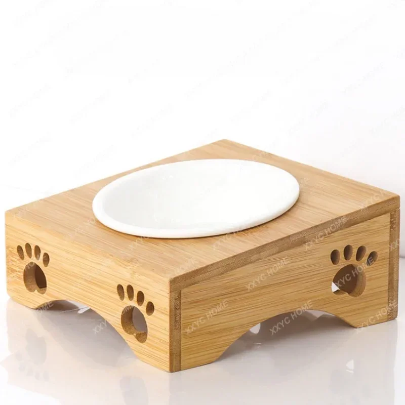 

Cat Food Baby Ceramic Double Bamboo Rack Water Anti-Knock Rice Bowl
