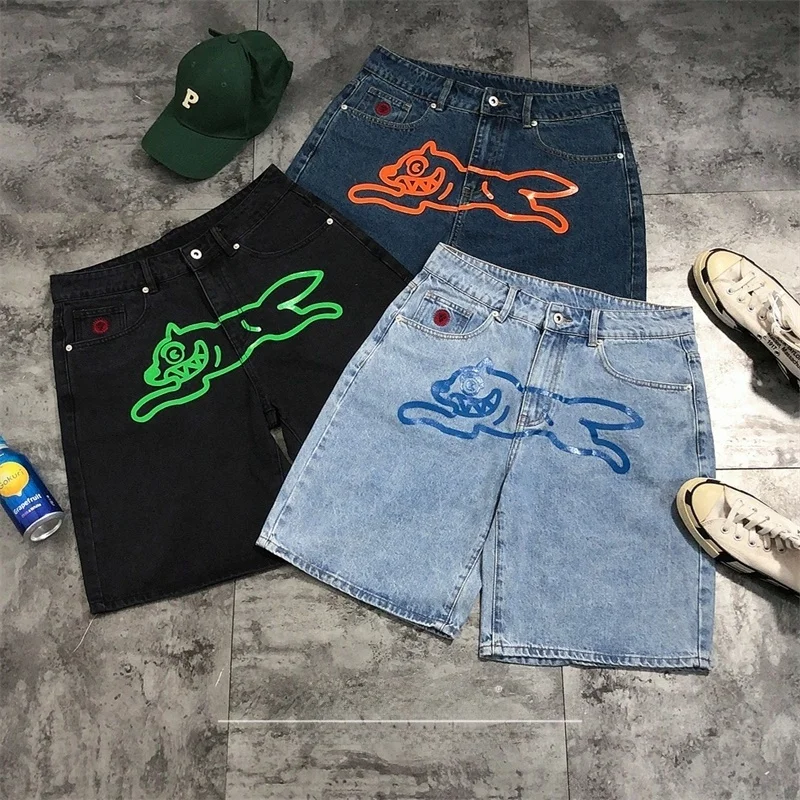 

Модные уличные спортивные шорты из чистого хлопка с принтом, мужские джинсовые шорты свободного кроя для летнего сезона, повседневные шорты с завышенной талией