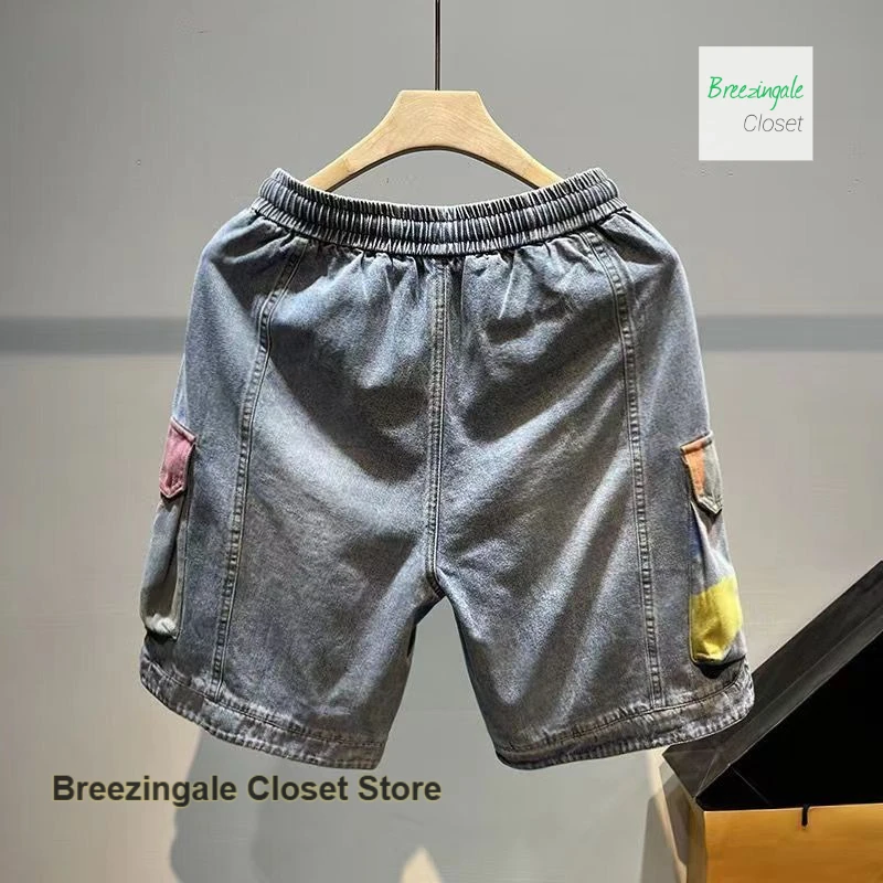 American high street printing and dyeing drawstring overalls women's summer fashion graffiti denim shorts loose cropped pants