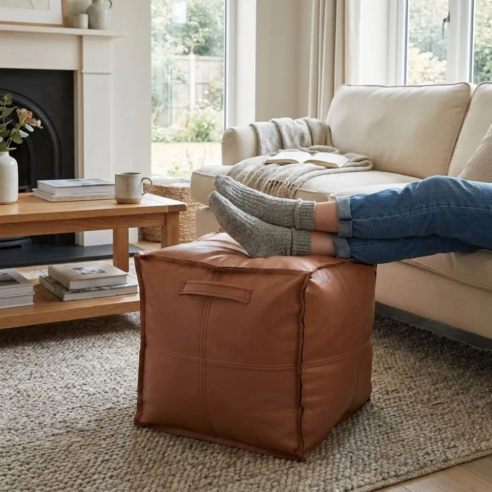 Non-Slip PU Leather Round Lazy Sofa Covers Unstuffed Soft Bean Bag Cover Removable Large Capacity Pouf Cover Living Room