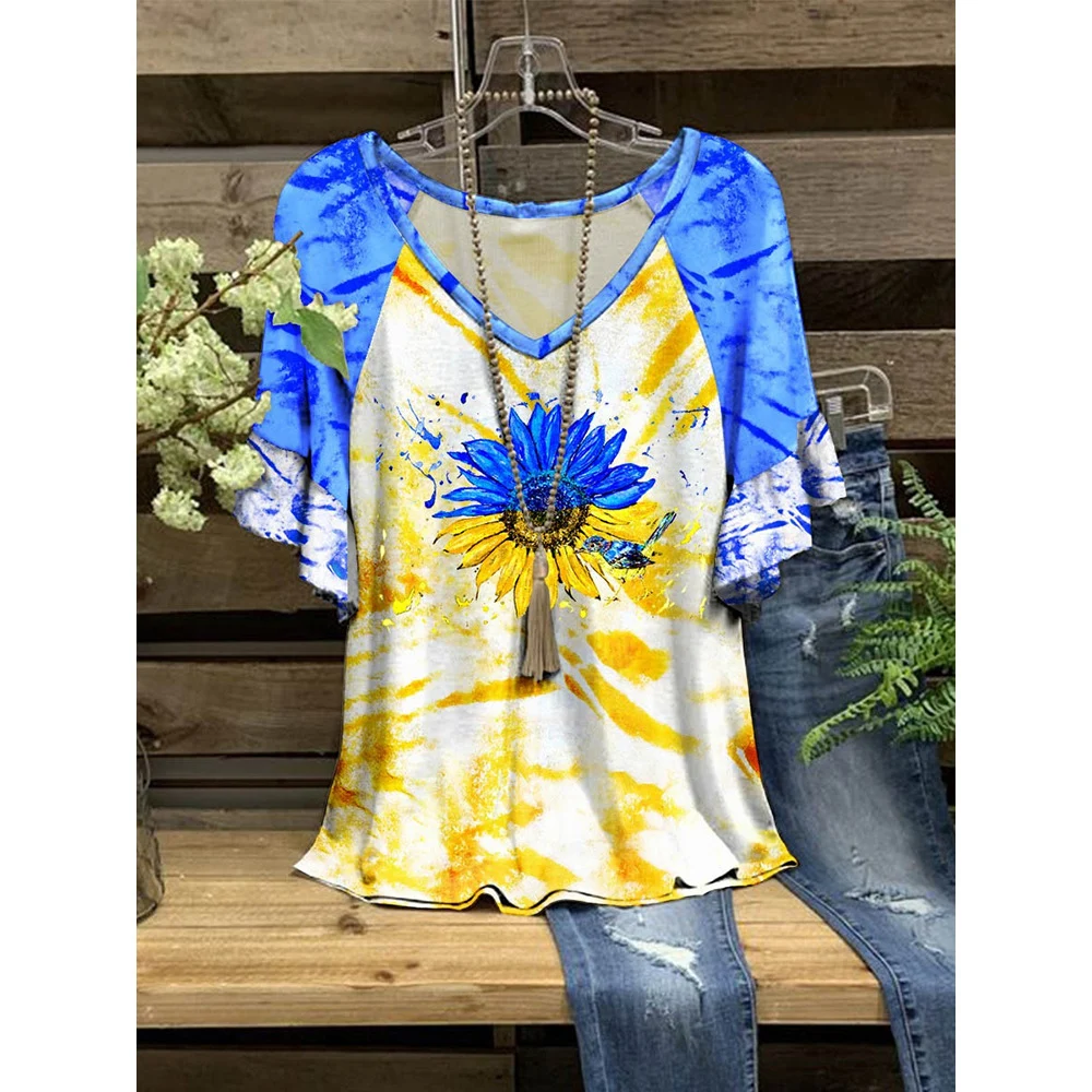 Women Top 3D sunflower Printed Stitching T-Shirt Loose Ruffle Solid Color V-Neck Short Sleeve Casual T-Shirt Summer Streetwear