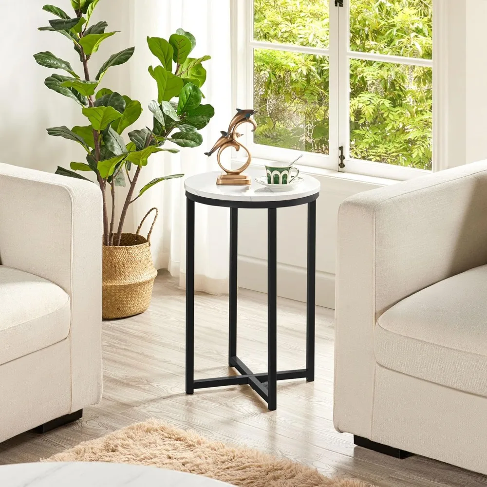 Mesa moderna com detalhes em mármore falso, mesa lateral redonda de 16 polegadas com base X e pernas de metal resistentes para sala de estar