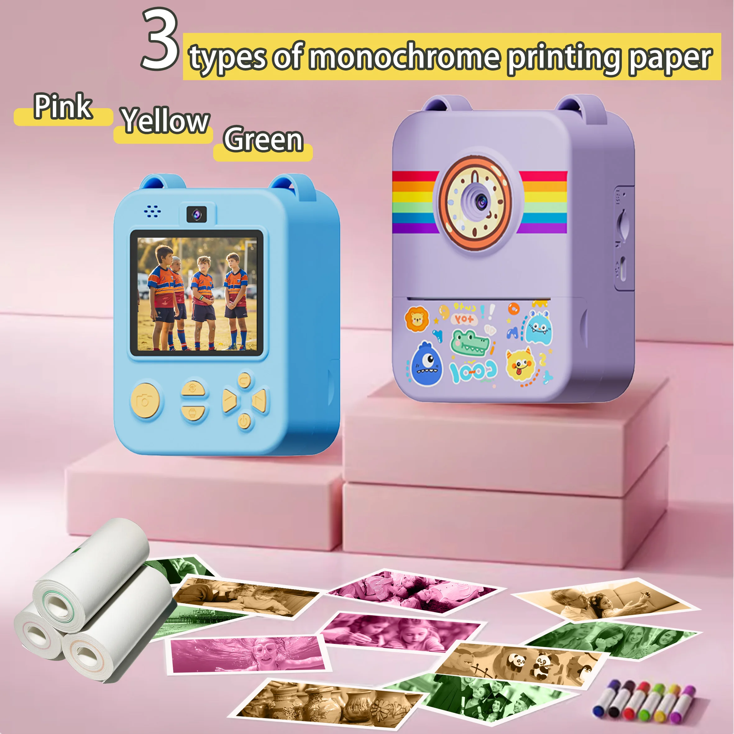 子供向け印刷可能カメラ、カラーとモノクロの紙、写真とビデオとゲーム、デュアルカメラ、フラッシュ、男の子と女の子への完璧な贈り物