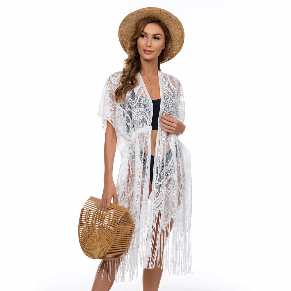 Bikini Lace Shawl Women Sun Protection Shawl Lady Hollow Out Summer Cardigan Tassel Beach Cape Solid Color Cape Summer Pashmina