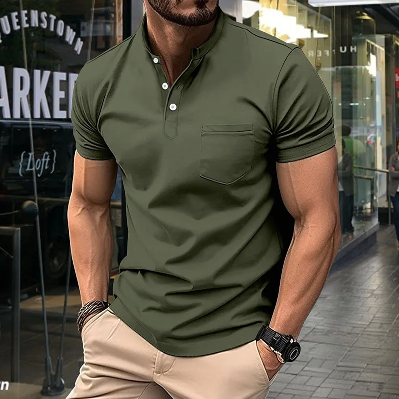 Herren Henley Poloshirt Kurzarm Knopfleiste Lässiges Oberteil mit Brusttasche Atmungsaktive Polyester-T-Shirts für den Täglichen Sommergebrauch – Detail 24