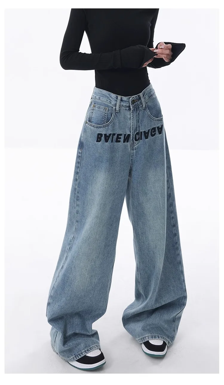 Women's Blue Jeans Vintage Y2k 90s Oversize Denim Trousers Emo 2000s Harajuku High Waist Embroidery Cowboy Pants Trashy Clothes