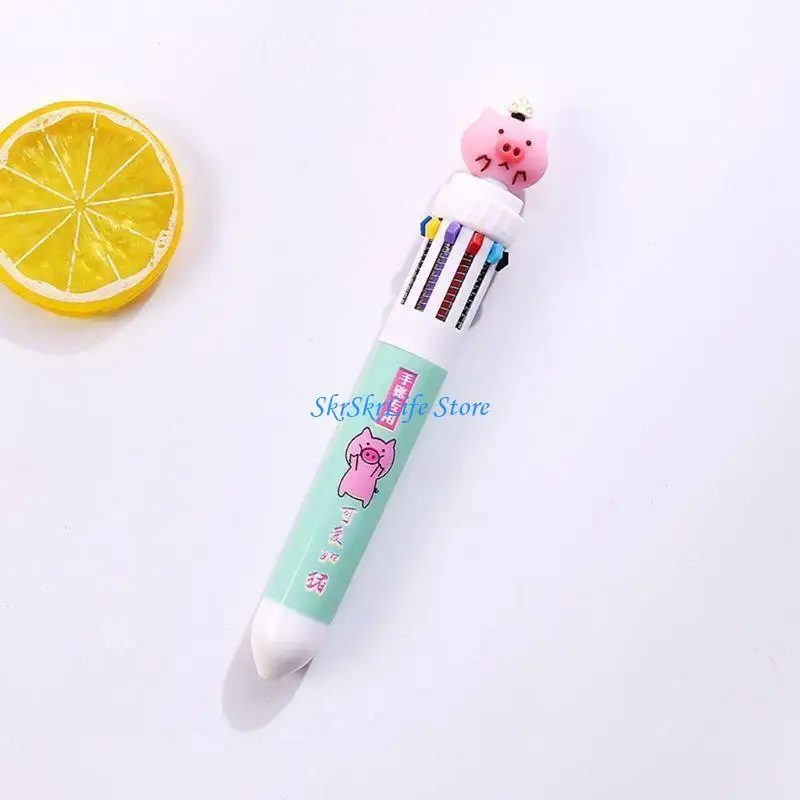 E65E Multi-color 10In1 Cartoon Pig Ballpoint Pen Press School Office Supplies Ac