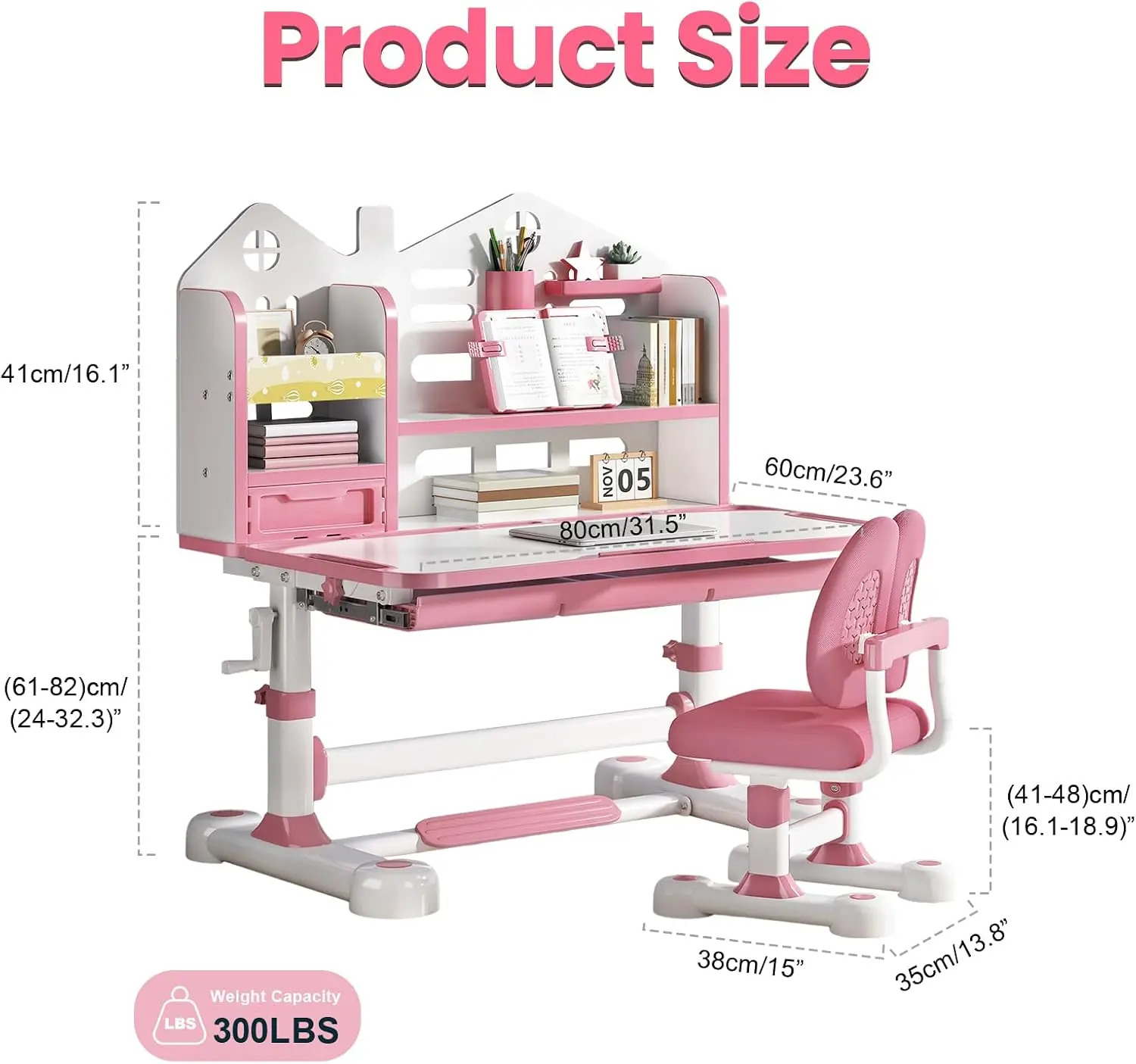 Kids Desk and Chair Set, Height Adjustable Study & Art Desk for Kids Ages 3-12, Easy Crank Adjustable Desk, 0-50° Tilting Desktop, Storage Drawer, Bookshelf, Ergonomic Chair (Pink)