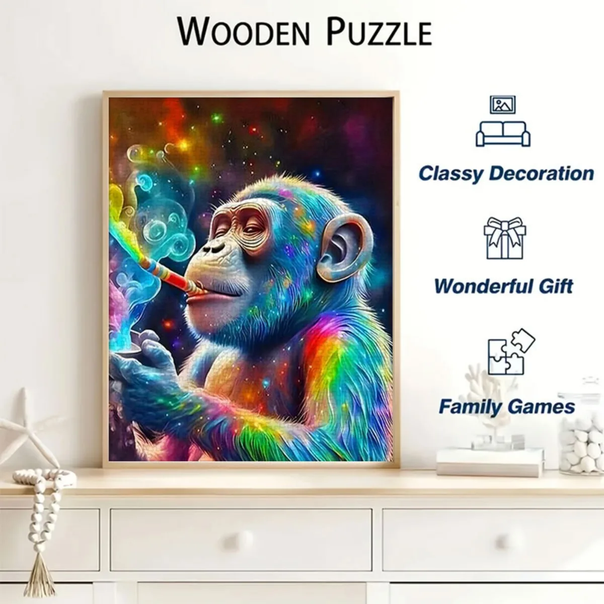 Puzzle dla dorosłych i rodzin - 500/1000/1200 elementów, duże, trudne, trójwymiarowe, tęczowe, z motywem małpy i szympansa w stylu kameleon, grube, D