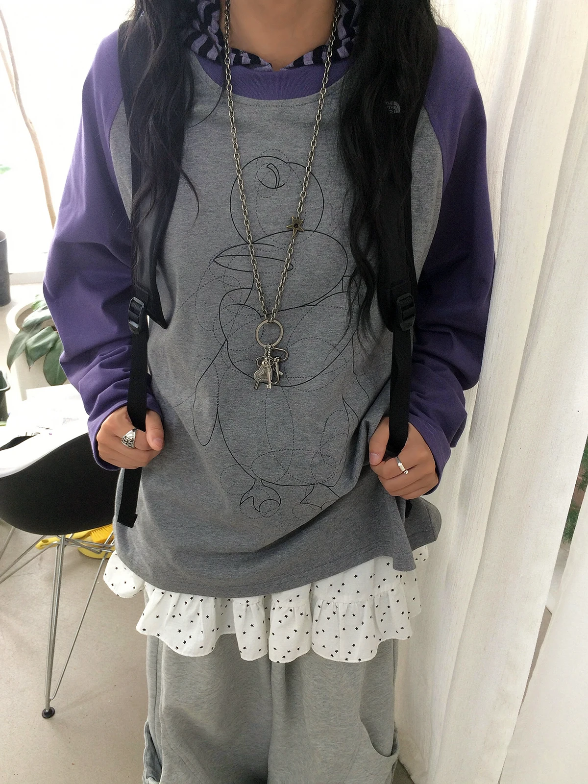 Sakura Penguin Print Long Sleeve round Neck T-Shirt Women's Creative Color Block Shoulder Sleeve Casual Loose Fit Cotton Top