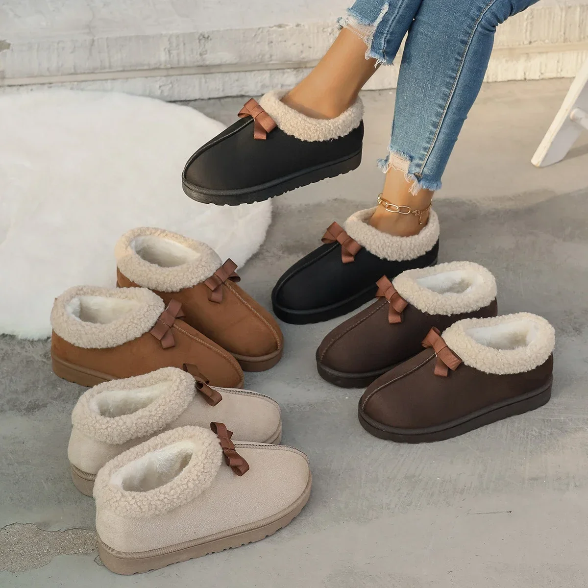 Winter Shallow Mouth Comfortable/Plush Snow Boots for Women Fashionable New Round Bow Sexy Thick Soled Casual Walking Boots