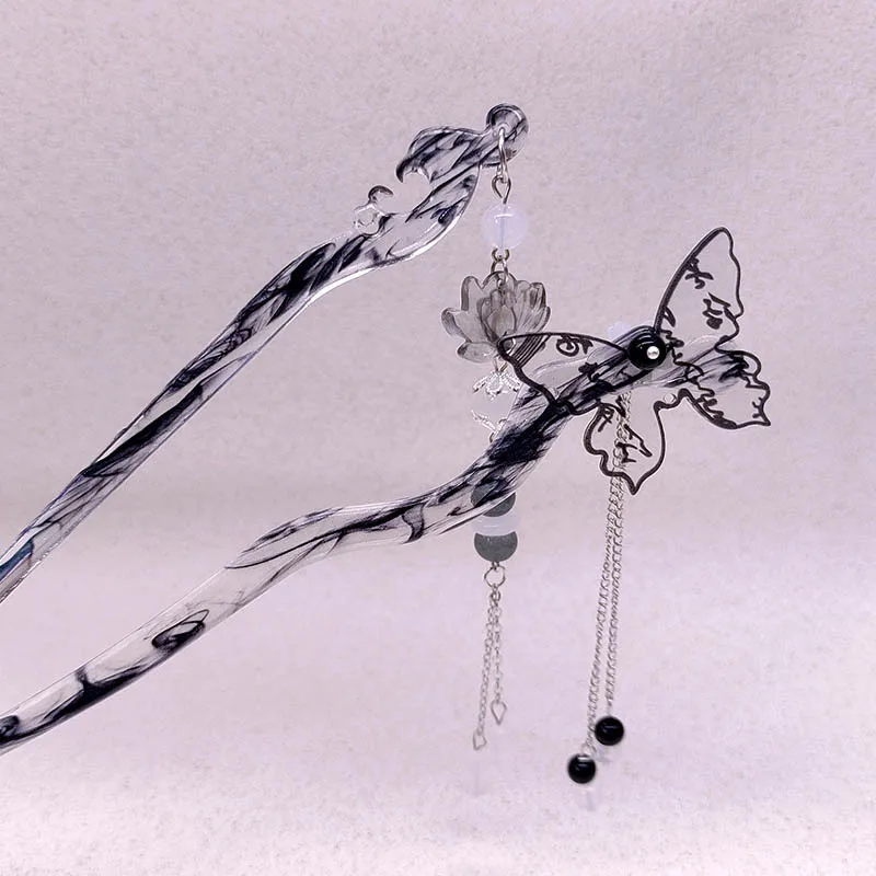 

Acetic acid material ink-wash butterfly flower tassel hairpin, coiled hair hairpin