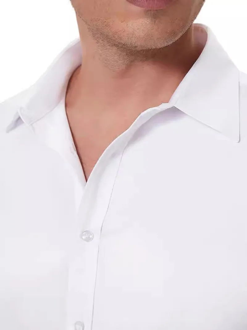 Classic Men\'s Business Shirts Summer Short Sleeve Solid Elastic Non-ironing Anti-wrinkle Business Slim Fit White Shirts Plus 5XL