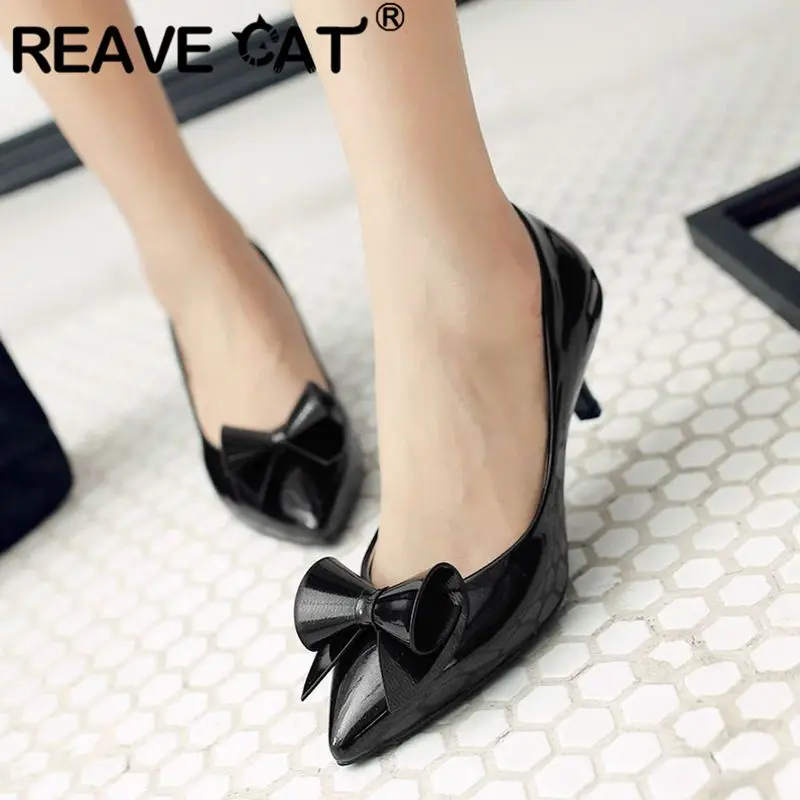 

REAVE CAT Design Sweet Women Pumps Pointed Toe Small Heels 6cm Slip On Bowknot 46 47 48 Fashion Dating Female Shoes