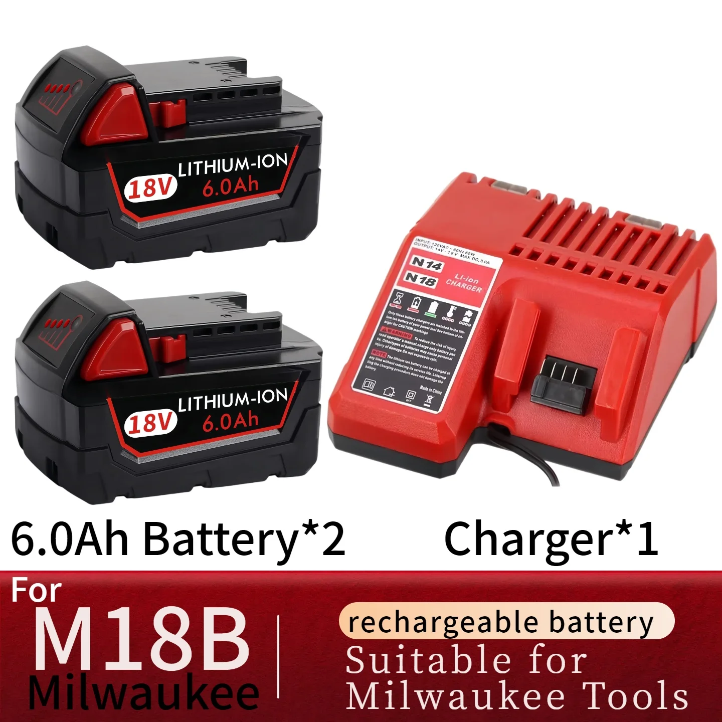 

For Milwaukee M18 Power Tool Battery with Charger,⚡ BR, XC, 18V, 6000mAh✅ M18B5, 48-11-1860, Built-in 21700 Battery